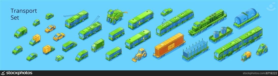 Set of transport, isometric cars, freight truck, refrigerator van and tractor, harvester, trolleybus and tram. Tank, street cleaner and train. 3d vector line art transportation modes, machinery. Set transport, isometric cars transportation modes