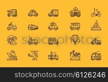 Set of transport thin, lines, outline, strokes icons. Different kinds of transport airplane bicycle train automobile, balloon ship sailboat black on yellow. For web mobile applications