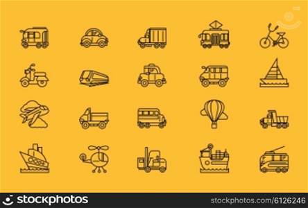 Set of transport thin, lines, outline, strokes icons. Different kinds of transport airplane bicycle train automobile, balloon ship sailboat black on yellow. For web mobile applications