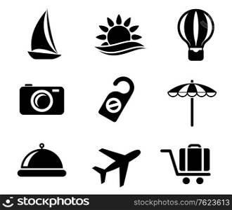 Set of travel and tourism icons in black and white depicting a yacht, hot air balloon, tropical sun, camera, beach umbrella, food, airplane. luggage and a do not disturb sign