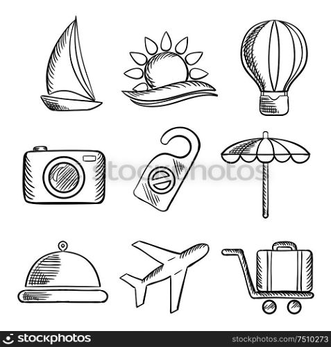 Set of travel and tourism sketched icons with a yacht, hot air balloon, tropical sun, camera, beach umbrella, food, airplane. luggage and a do not disturb sign. Sketch style. Travel and tourism sketched icons set