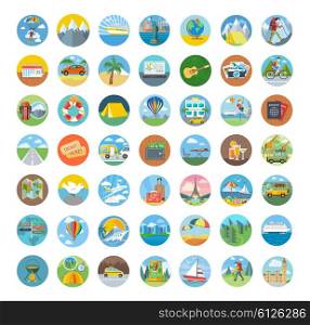 Set of travel icon flat design. Transportation icons, travel logo and map icon, icon tourism, compass and globe, vacation summer, beach and car icon, holiday vector illustration