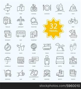 Set of travel icon linear design. Hotel icon, transportation icons, travel logo, holiday icons, map icon, route and relax, trip and vacation, journey and holiday, forest trailer aircraft illustration