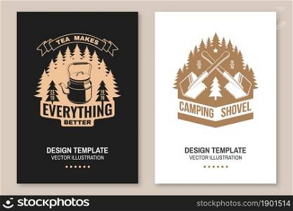 Set of travel inspirational quotes. Vector Concept for shirt or logo, print. Vintage typography design with retro camper shovel , coffee pot on camping fire and mountain silhouette. Camping quote. Set of travel inspirational quotes. Vector Concept for shirt or logo, print. Vintage typography design with retro camper shovel , coffee pot on camping fire and mountain silhouette. Camping quote.