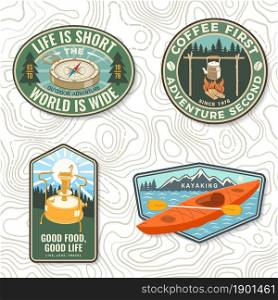 Set of travel inspirational quotes. Vector Concept for shirt or logo, print, stamp or tee. Vintage design with retro camping tea kettle, kayak, compass, primus, campfire silhouette. Camping quote. Set of travel inspirational quotes. Vector Concept for shirt or logo, print, stamp or tee. Vintage design with retro camping tea kettle, kayak, compass, primus, campfire silhouette. Camping quote.