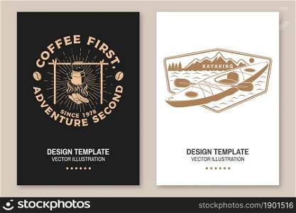 Set of travel inspirational quotes. Vector Concept for shirt or logo, print, stamp or tee. Vintage typography design with coffee pot on camping fire, kayak and mountain silhouette. Camping quote. Set of travel inspirational quotes. Vector Concept for shirt or logo, print, stamp or tee. Vintage typography design with coffee pot on camping fire, kayak and mountain silhouette. Camping quote.