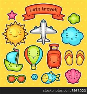 Set of travel kawaii doodles with different facial expressions. Summer collection cheerful cartoon characters sun, airplane, ship, balloon, suitcase and decorative objects.