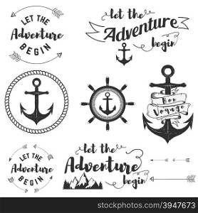 Set of travel labels. Let the adventyre begin. Bon voyage. Anchors. Vector label templates.