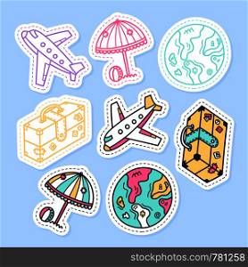 Set of travel stickers, pins, patches and handwritten collection in cartoon style. Funny greetings for clothes, card, badge, icon, postcard, banner, tag, stickers, print.