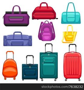 Set of travel suitcases and bags. Collection for tourism and shops.. Set of travel suitcases and bags.