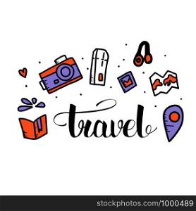 Set of travel symbols in doodle style. Hand drawn vector trip elements isolated on white background. Color illustration.