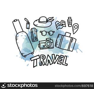 Set of travel symbols in doodle style. Hand drawn vector trip elements with lettering and watercolor splash isolated on white background.