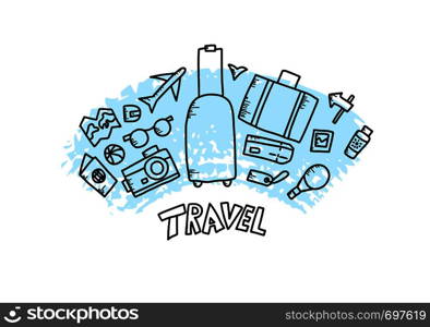 Set of travel symbols in doodle style. Hand drawn vector trip elements.