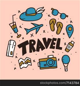 Set of travel symbols in doodle style. Hand drawn vector trip elements isolated on pink background. Poster, banner, greeting card, print illustration.
