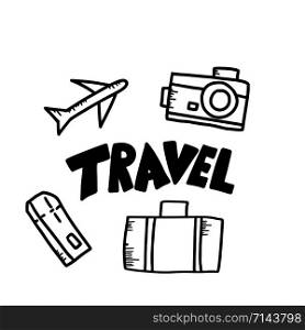 Set of travel symbols in doodle style. Hand drawn vector trip elements and lettering isolated on white background. Conceptual illustration.