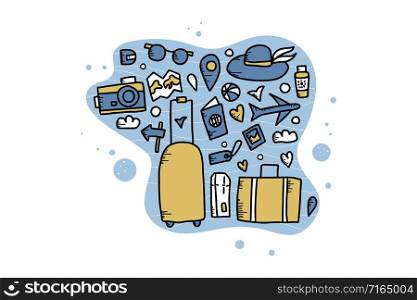 Set of travel symbols in doodle style. Hand drawn vector trip elements isolated on white background. Color illustration.