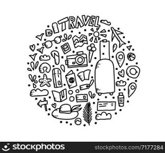 Set of travel symbols in doodle style. Hand drawn vector trip elements isolated on white background. Round badge. Sketch illustration.