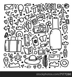 Set of travel symbols in doodle style. Hand drawn vector trip elements isolated on white background. Black and white design elements illustration. Square poster.