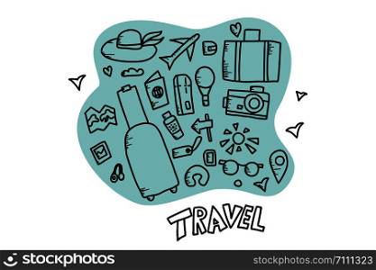 Set of travel symbols in doodle style. Hand drawn vector trip elements. Color illustration.