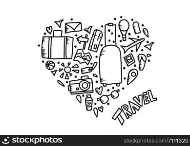 Set of travel symbols in doodle style. Heart composition with hand drawn sketch trip elements isolated on white background. Vector illustration.