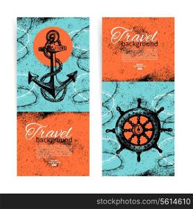 Set of travel vintage banners. Sea nautical design. Hand drawn sketch illustrations