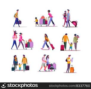Set of travelers walking with luggage. Flat vector illustrations of families carrying travel cases. Travel concept for banner, website design or landing web page