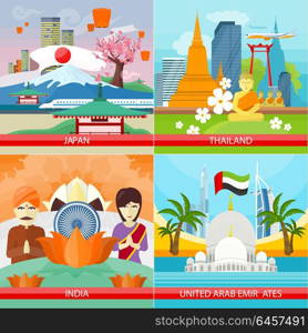 Set of Traveling Concepts in Flat Design.. Set of traveling concepts. Flat design. Collection of Japan, Thailand, India, United Arab Emirates posters. Countries attraction and architecture illustrations. Summer vacation in Asia.