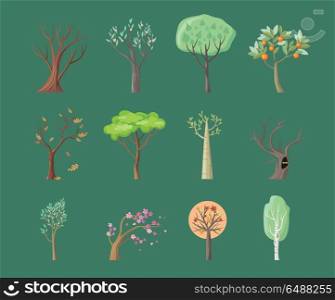 Set of Tree Icons. Set of tree icons. Tree with green leaves. Maple, oak, birch, sakura, willow, poplar vector tree round icon. Tree forest, leaf tree isolated, falling autumn leaves, plant eco branch tree.