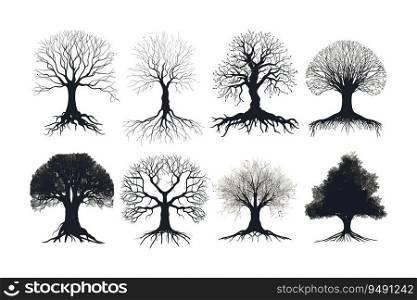 Set of tree roots silhouette. Vector illustration design.