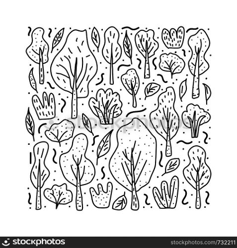 Set of trees and bushes. Square card with sketch elements. Vector illustration of doodle style objects.
