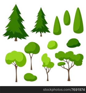Set of trees, spruces and bushes. Summer or spring landscape. Seasonal nature illustration.. Set of trees, spruces and bushes.