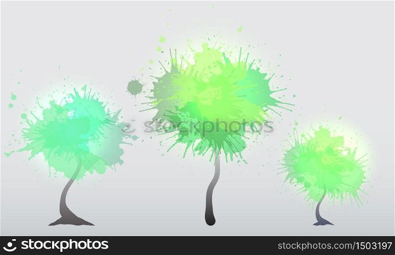 Set of trees with green watercolor sprays. Vector element for your design. Set of trees with green watercolor sprays. Vector element for yo