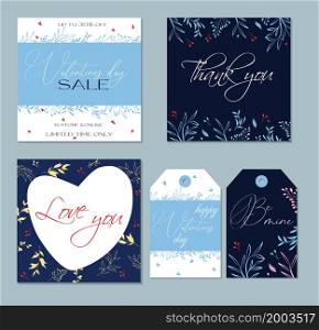 Set of trendy abstract card and tags for valentines day. For advertising flyers, greeting cards and social media posts. Delicate and modern design. Thanks cards. Love you. Sale. Floral pattern. Vector. Set of trendy abstract card and tags for valentines day. For advertising flyers, greeting cards and social media posts.