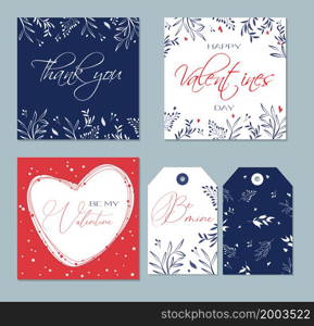 Set of trendy abstract card and tags for valentines day. For advertising flyers, greeting cards and social media posts. Delicate and modern design. Thanks cards. Love you. Sale. Floral pattern. Vector. Set of trendy abstract card and tags for valentines day. For advertising flyers, greeting cards and social media posts. Delicate and modern design.