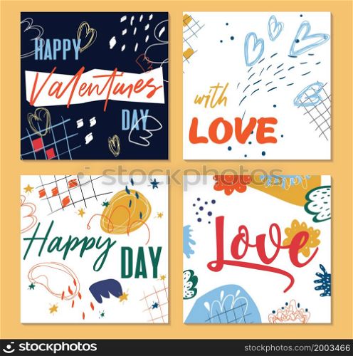 Set of trendy abstract Valentines day templates. For advertising flyers, greeting cards and social media posts. modern design with abstract elements in the form of line and colorful color spots.. Set of trendy abstract Valentines day templates.