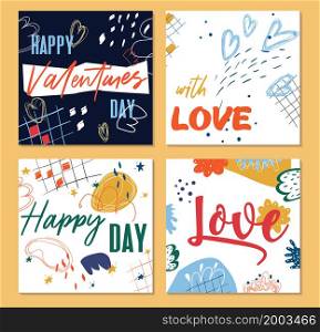Set of trendy abstract Valentines day templates. For advertising flyers, greeting cards and social media posts. modern design with abstract elements in the form of line and colorful color spots.. Set of trendy abstract Valentines day templates.