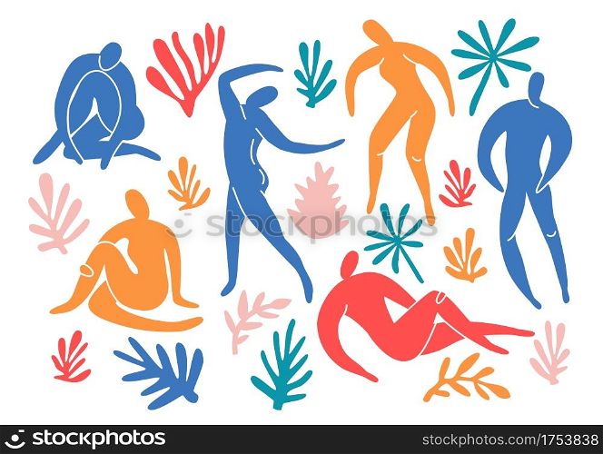 Set of trendy doodle and abstract nature icons on isolated white background.. Set of trendy doodle and abstract nature icons on isolated white background. Summer collection, unusual organic shapes in freehand matisse art style. Includes people, floral art.
