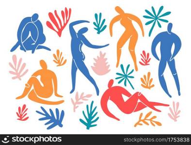 Set of trendy doodle and abstract nature icons on isolated white background.. Set of trendy doodle and abstract nature icons on isolated white background. Summer collection, unusual organic shapes in freehand matisse art style. Includes people, floral art.