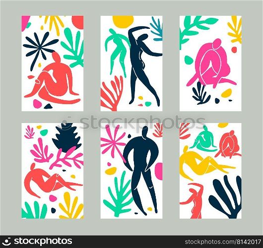 Set of trendy doodle and abstract nature icons on isolated white background.. Set of card abstract people doodle and nature icons on isolated white background. Summer collection, organic shapes in freehand matisse art style. Floral art.