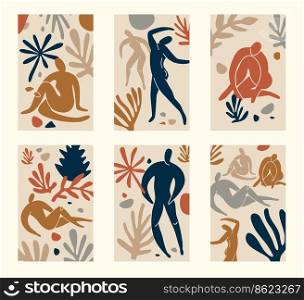 Set of trendy doodle and abstract nature icons on isolated white background.. Set of card abstract people doodle and nature icons on isolated white background. Summer collection, organic shapes in freehand matisse art style. Floral art.
