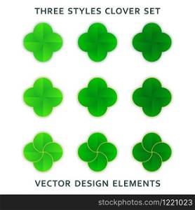 Set of trendy stylized four-leaf clover. Different style variants of colors and decor. Symbol of luck. Vector design elements. Set of stylized four-leaf clover. Different style variants of colors and decor. Symbol of luck. Vector design elements