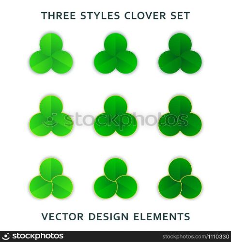 Set of trendy stylized shamrocks. Modern style trefoil design. Clover - symbol of luck. Vector illustration. Set of trendy stylized shamrocks. Modern style trefoil design. Clover - symbol of luck. Vector