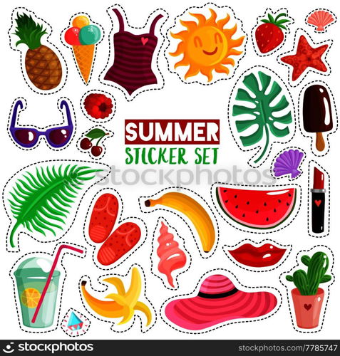 Set of trendy summer stickers with hat, swimsuit, slippers, fruits, cocktail and ice cream isolated vector illustration. Summer Stickers Set