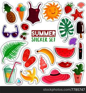 Set of trendy summer stickers with hat, swimsuit, slippers, fruits, cocktail and ice cream isolated vector illustration. Summer Stickers Set