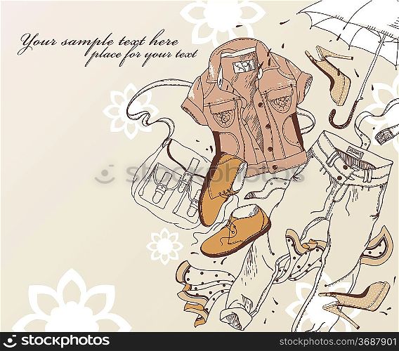 set of trendy wear, accessories and shoes on a floral background