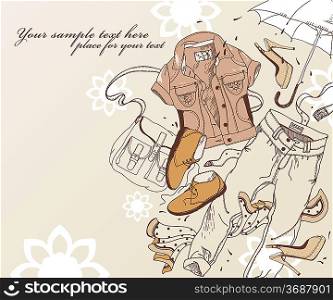 set of trendy wear, accessories and shoes on a floral background