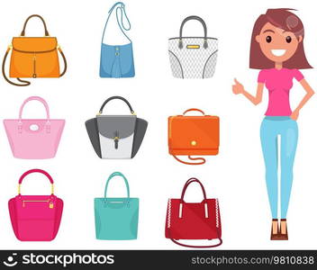 Set of trendy womens bags. Cute lady in business dress style, wardrobe selection concept isolated on white. Womens clothing. Ladieswear modern style, young girl in skirt and blouse and set of bags. Set of trendy womens bags. Cute business lady in business dress style, wardrobe selection concept