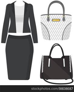 Set of trendy womens clothes. Outfit of woman jacket, blouse, skirt and accessories handbags isolated on white. Women s wardrobe. Ladieswear black and mono style, business suit and set of bags. Set of trendy womens clothes. Outfit of woman jacket, blouse, skirt and accessories handbags