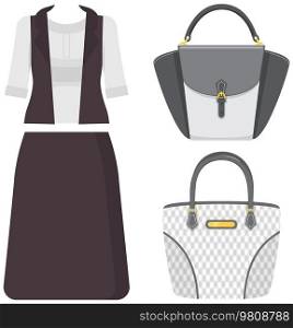 Set of trendy womens clothes. Outfit of woman jacket, blouse, skirt and accessories handbags isolated on white. Women s wardrobe. Ladieswear black and mono style, business suit and set of bags. Set of trendy womens clothes. Outfit of woman jacket, blouse, skirt and accessories handbags