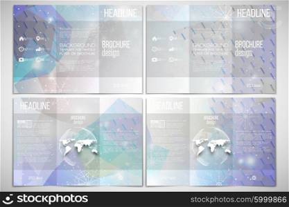 Set of tri-fold brochure design template on both sides with world globe element. Blue abstract winter background. Christmas vector style. Vector set of tri-fold brochure design template on both sides with world globe element. Blue abstract winter background. Christmas vector style with snowflakes.